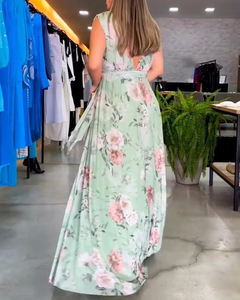 Gia | Vestido Maxi sin Mangas con Estampado Floral y Abertura