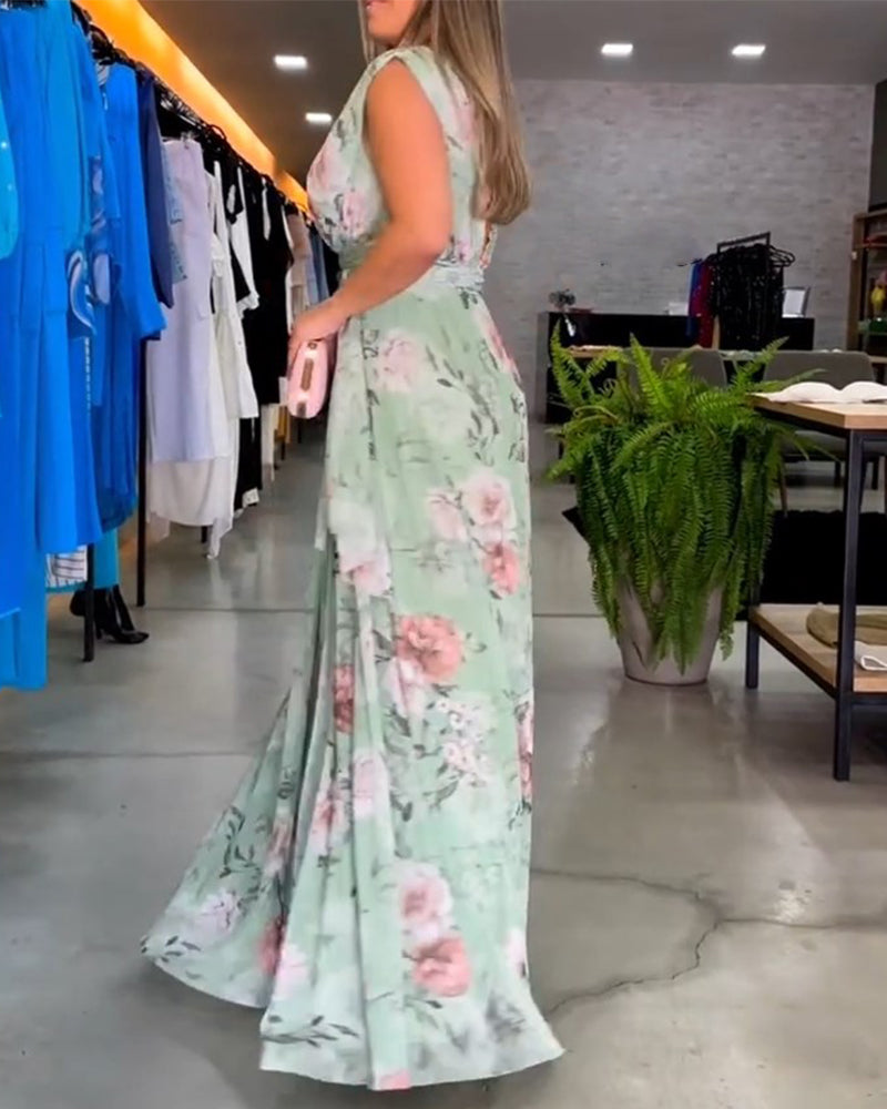 Gia | Vestido Maxi sin Mangas con Estampado Floral y Abertura
