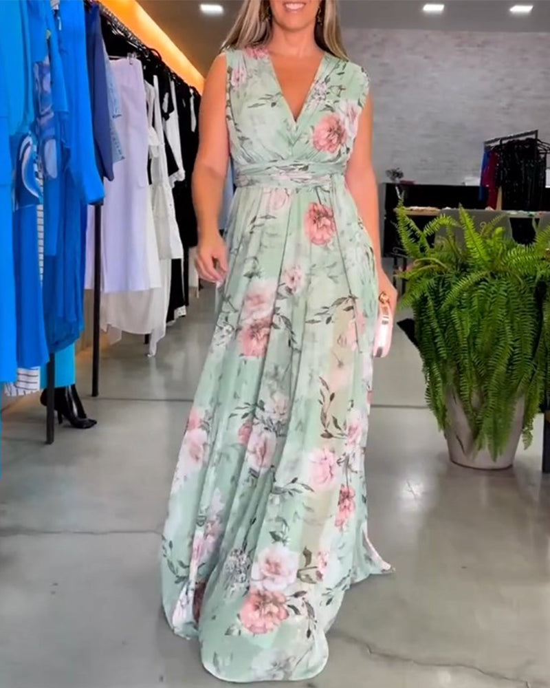 Gia | Vestido Maxi sin Mangas con Estampado Floral y Abertura