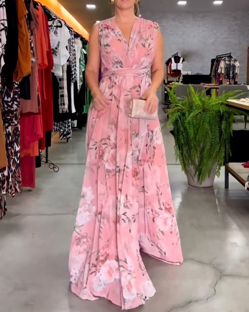 Gia | Vestido Maxi sin Mangas con Estampado Floral y Abertura