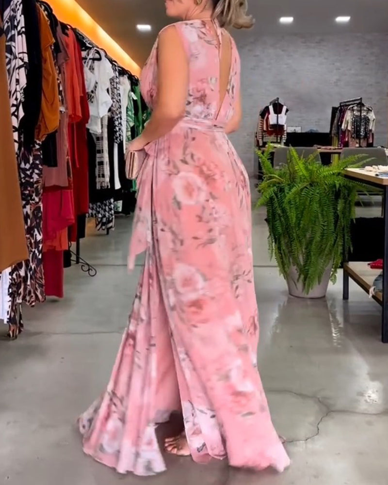 Gia | Vestido Maxi sin Mangas con Estampado Floral y Abertura