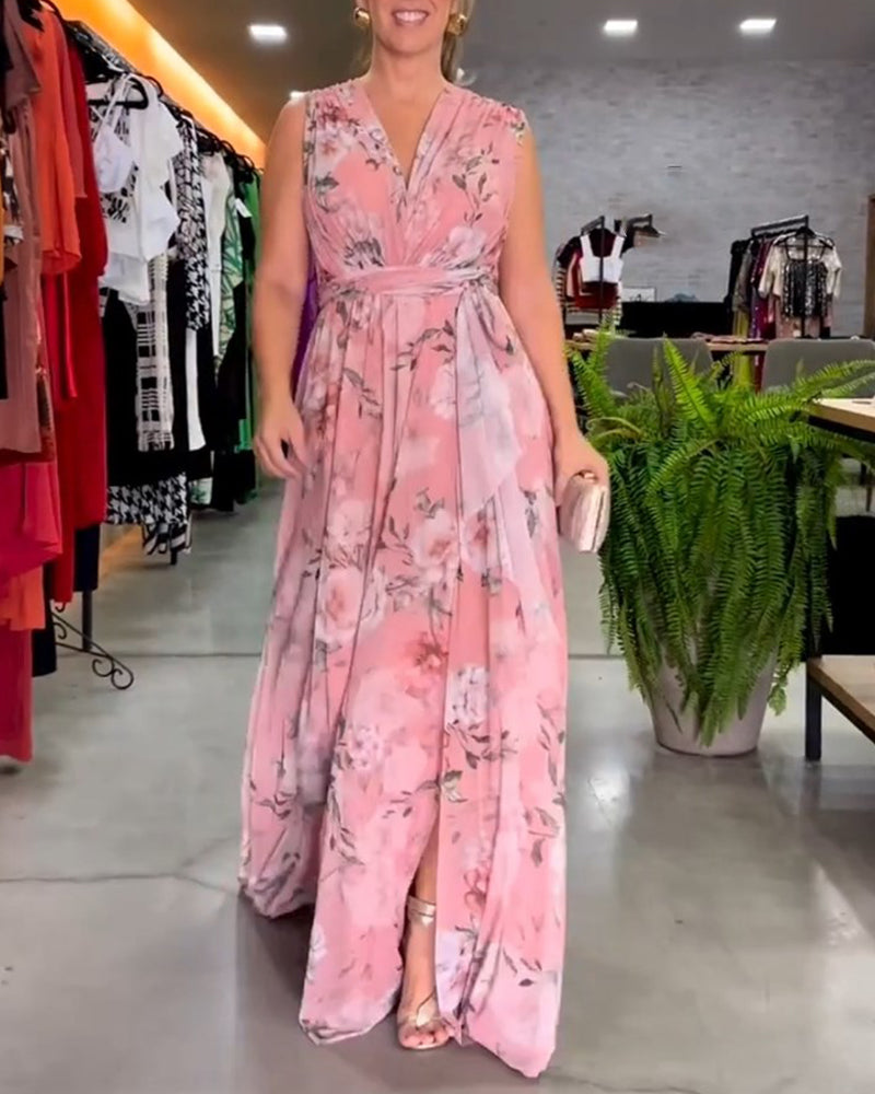 Gia | Vestido Maxi sin Mangas con Estampado Floral y Abertura