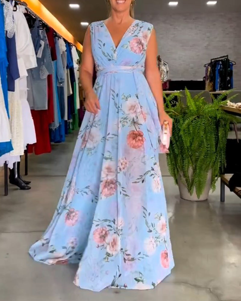Gia | Vestido Maxi sin Mangas con Estampado Floral y Abertura
