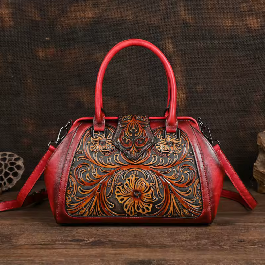 Florina - Bolsa de Piel con Grabados y Motivos Florales