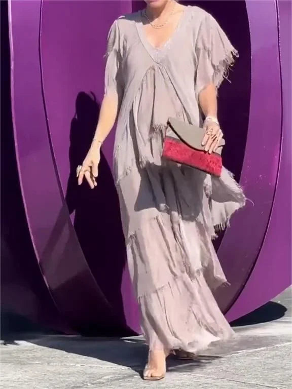 Blaise | Vestido Maxi con Mangas Cortas de Volantes y Escote en V