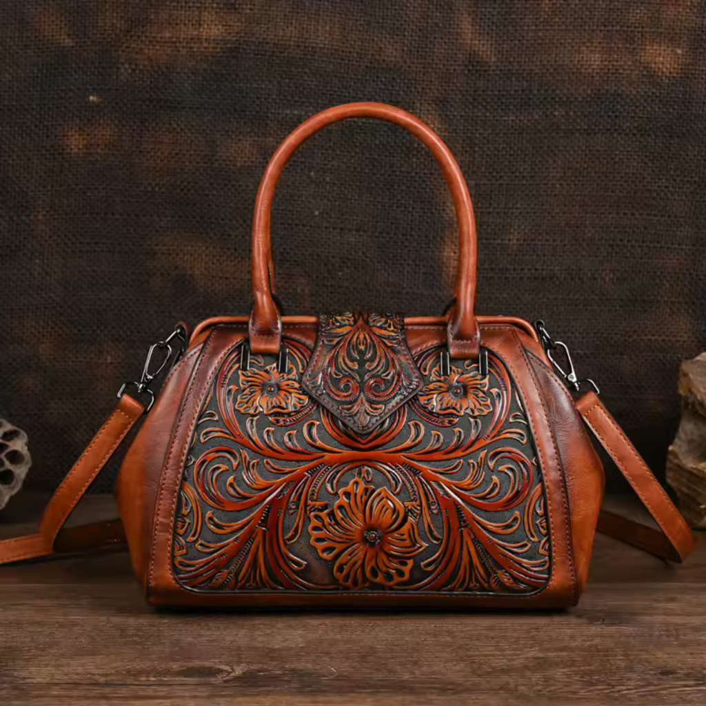 Florina - Bolsa de Piel con Grabados y Motivos Florales