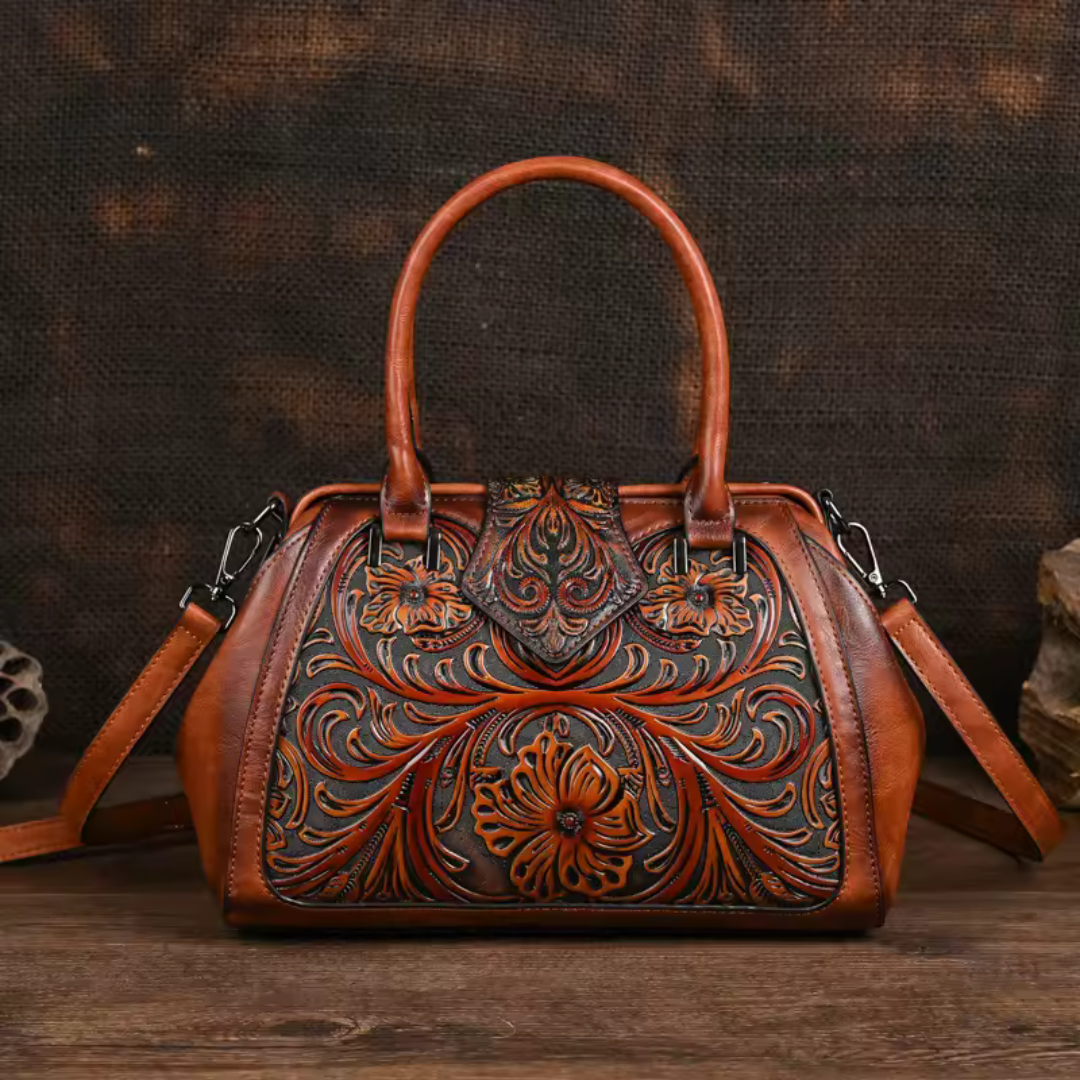 Florina - Bolsa de Piel con Grabados y Motivos Florales