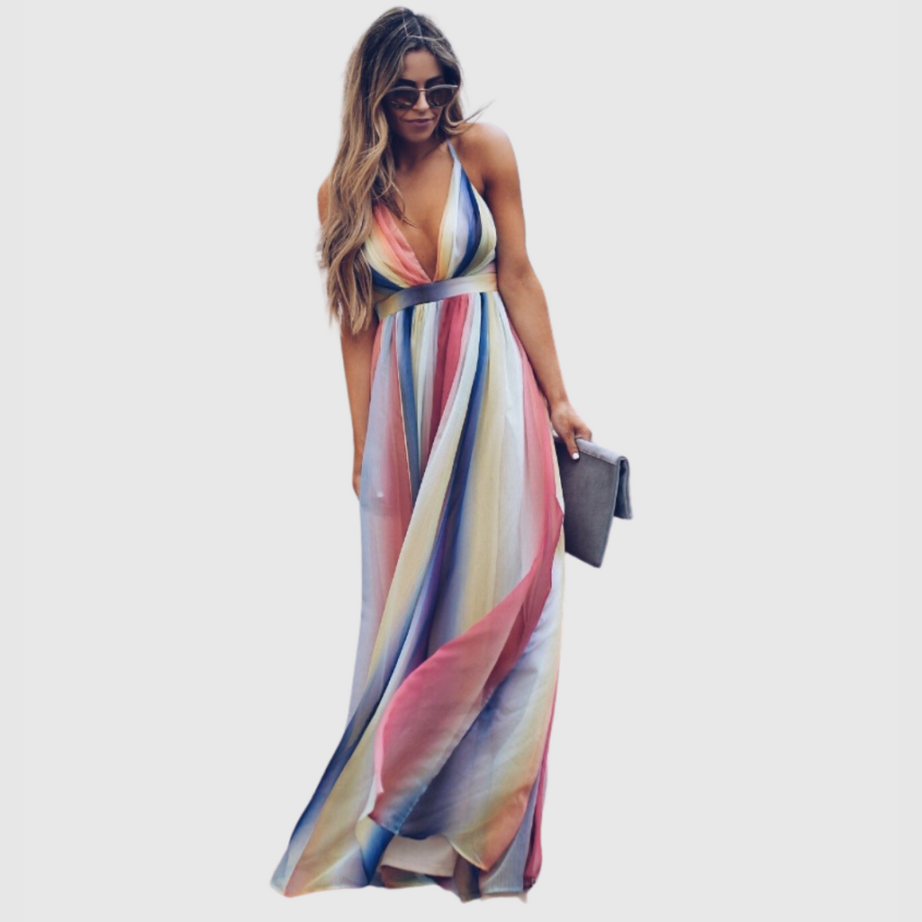 Clover | Vestido Maxi Bohemio con Estampado de Arcoíris