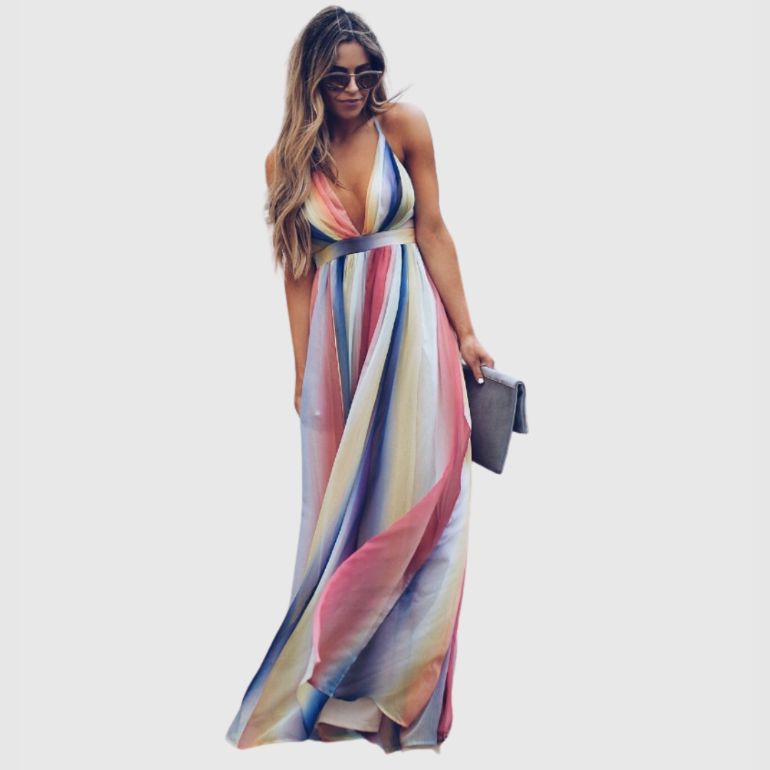 Clover | Vestido Maxi Bohemio con Estampado de Arcoíris