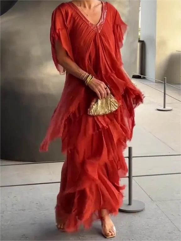 Blaise | Vestido Maxi con Mangas Cortas de Volantes y Escote en V