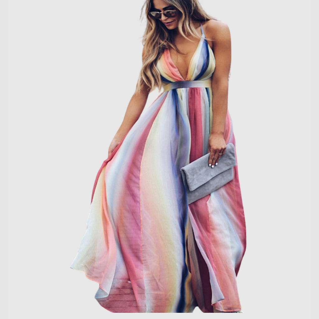 Clover | Vestido Maxi Bohemio con Estampado de Arcoíris