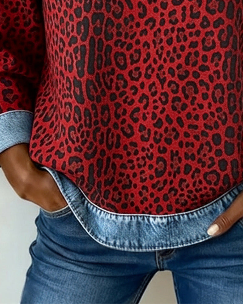 Zefirina | Sudadera con estampado de leopardo y detalles patchwork en denim