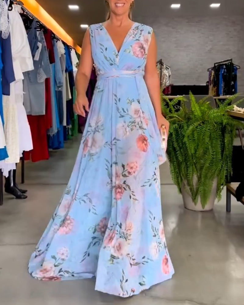 Gia | Vestido Maxi sin Mangas con Estampado Floral y Abertura