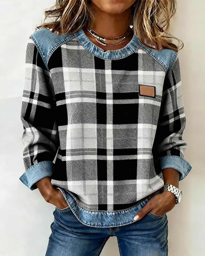 Arielle | Sudadera de mujer en tejido denim con patchwork y cuello redondo