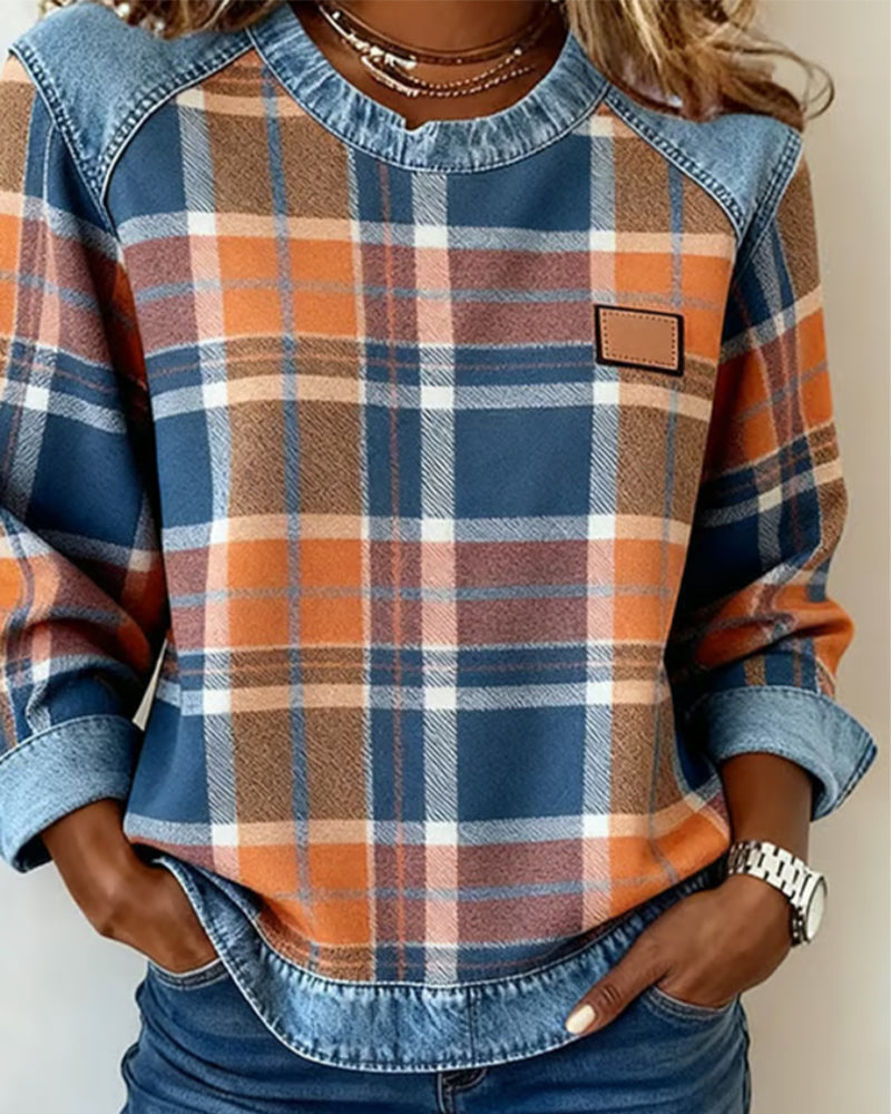 Arielle | Sudadera de mujer en tejido denim con patchwork y cuello redondo