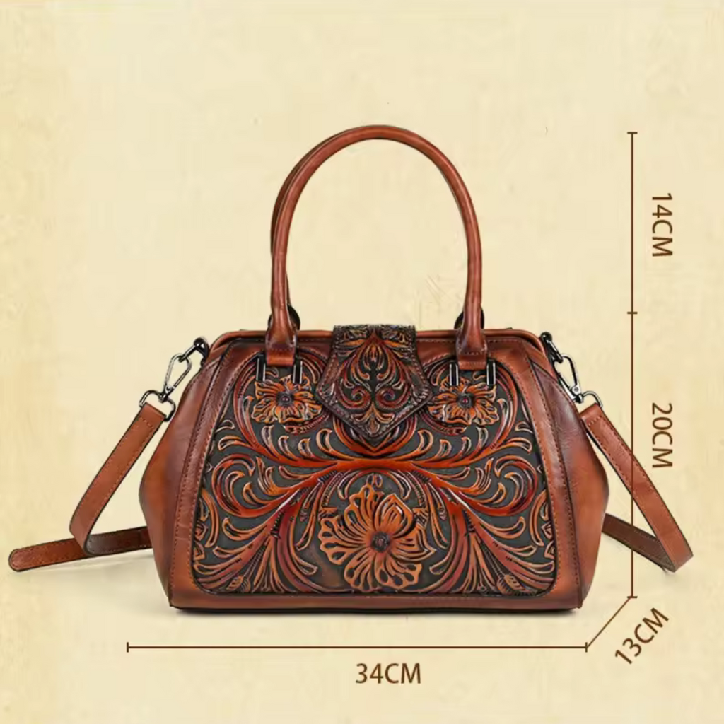 Florina - Bolsa de Piel con Grabados y Motivos Florales