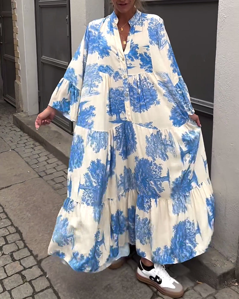 Giavanna | Vestido Maxi Casual con Mangas Acampanadas y Estampado
