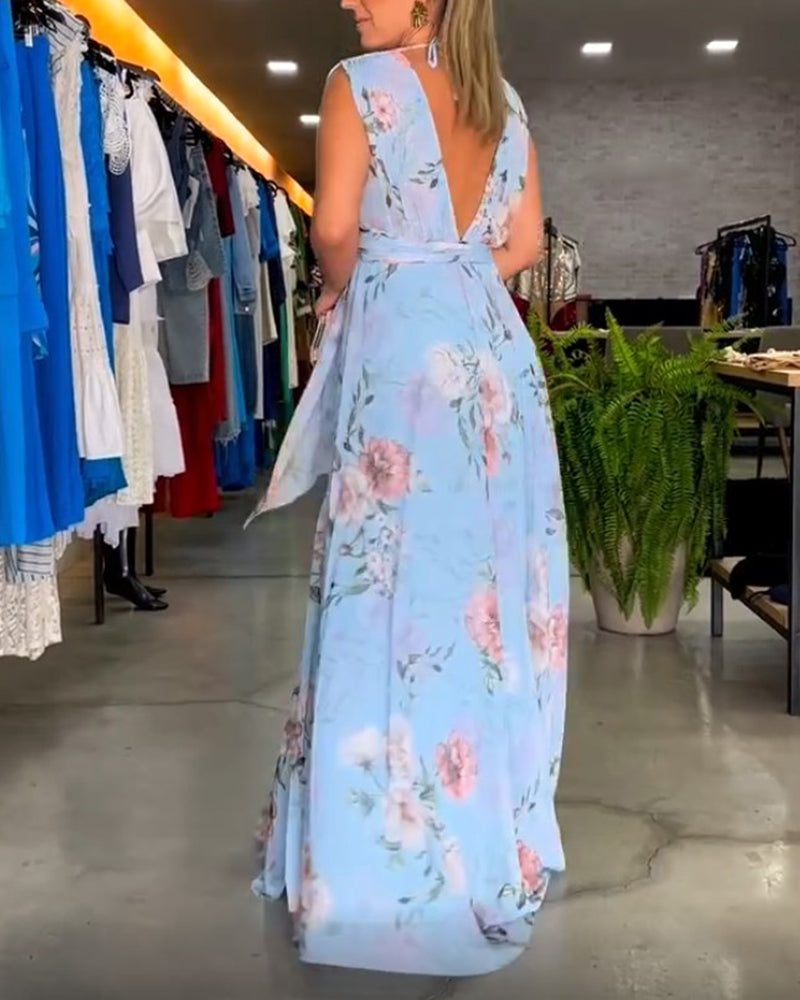Gia | Vestido Maxi sin Mangas con Estampado Floral y Abertura
