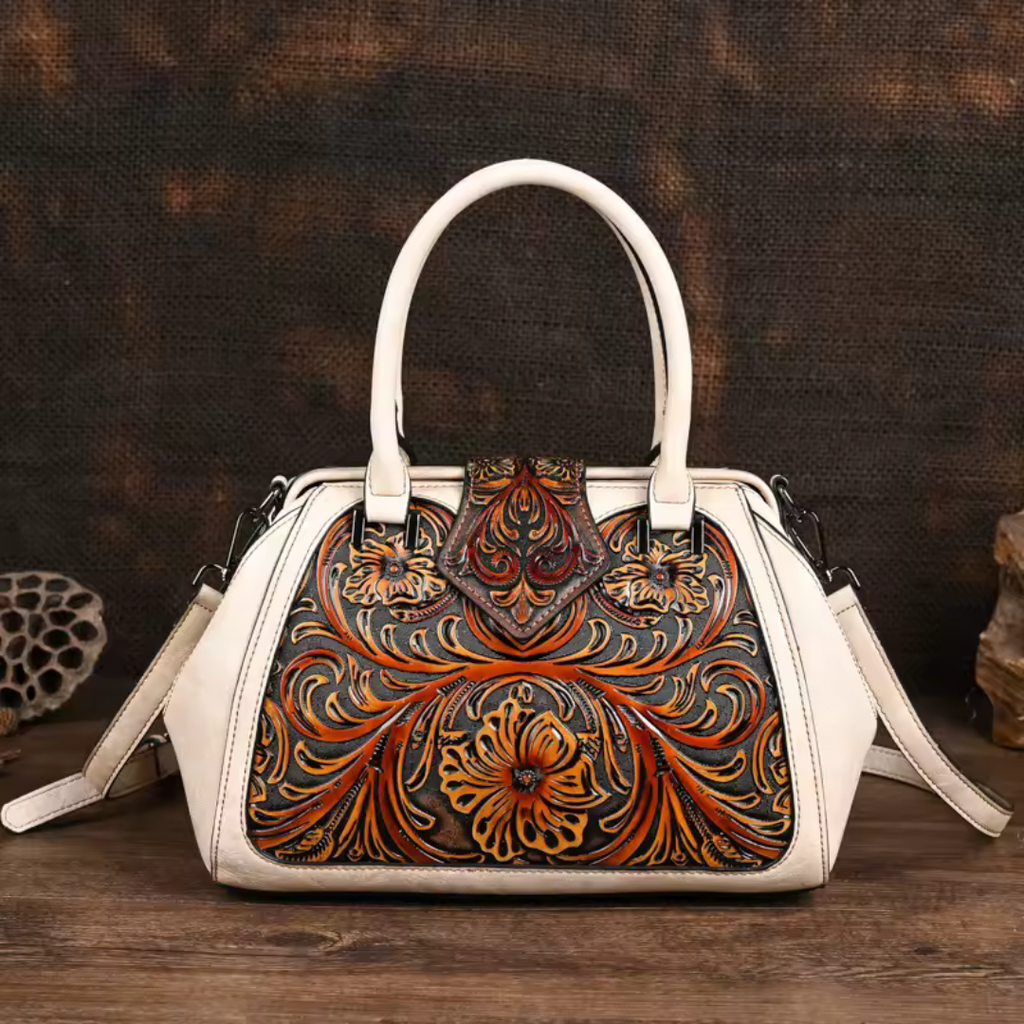 Florina - Bolsa de Piel con Grabados y Motivos Florales