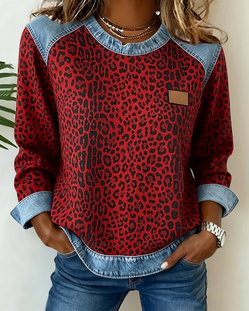 Zefirina | Sudadera con estampado de leopardo y detalles patchwork en denim