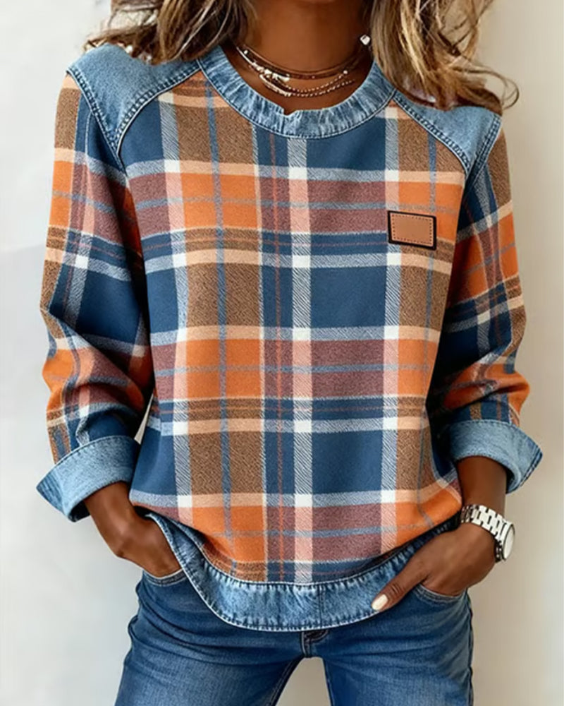 Arielle | Sudadera de mujer en tejido denim con patchwork y cuello redondo