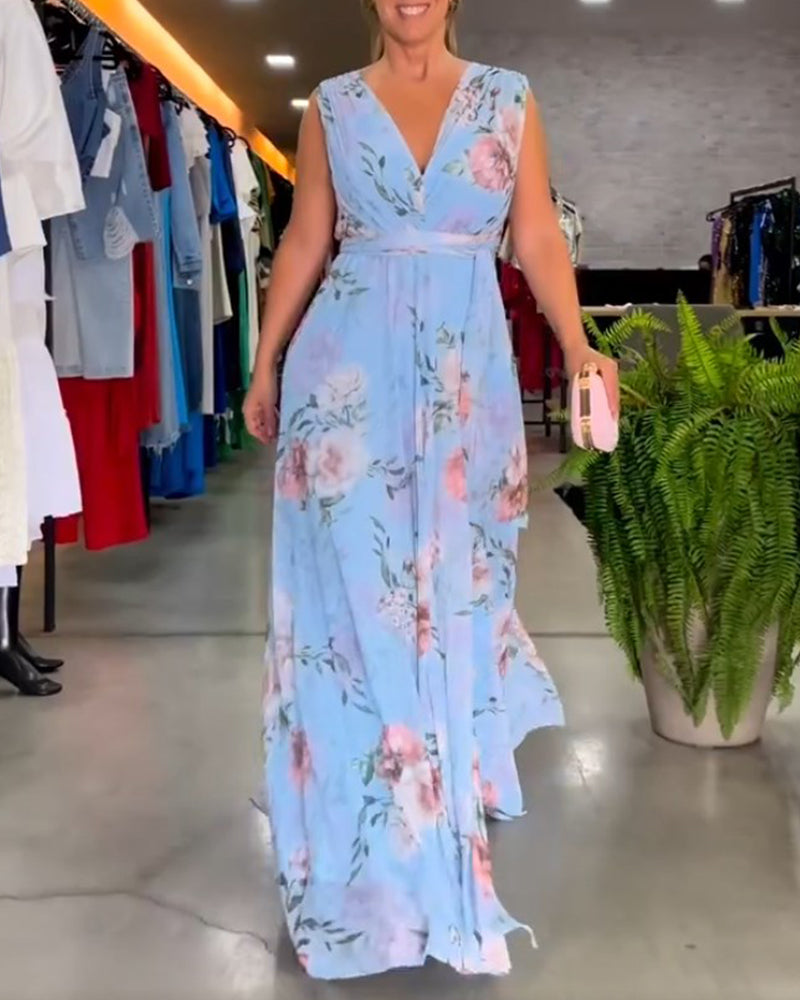 Gia | Vestido Maxi sin Mangas con Estampado Floral y Abertura