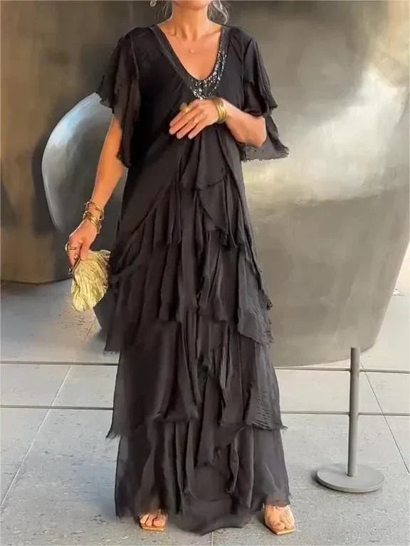 Blaise | Vestido Maxi con Mangas Cortas de Volantes y Escote en V