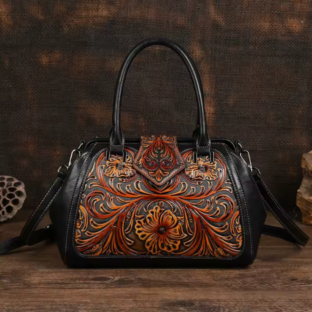 Florina - Bolsa de Piel con Grabados y Motivos Florales