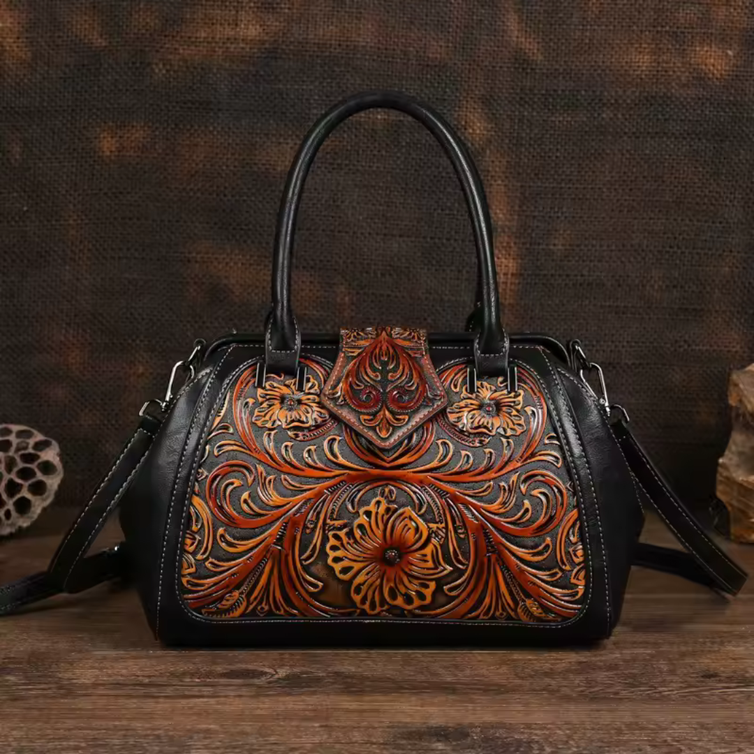 Florina - Bolsa de Piel con Grabados y Motivos Florales