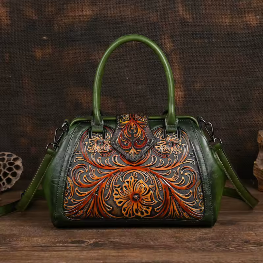 Florina - Bolsa de Piel con Grabados y Motivos Florales