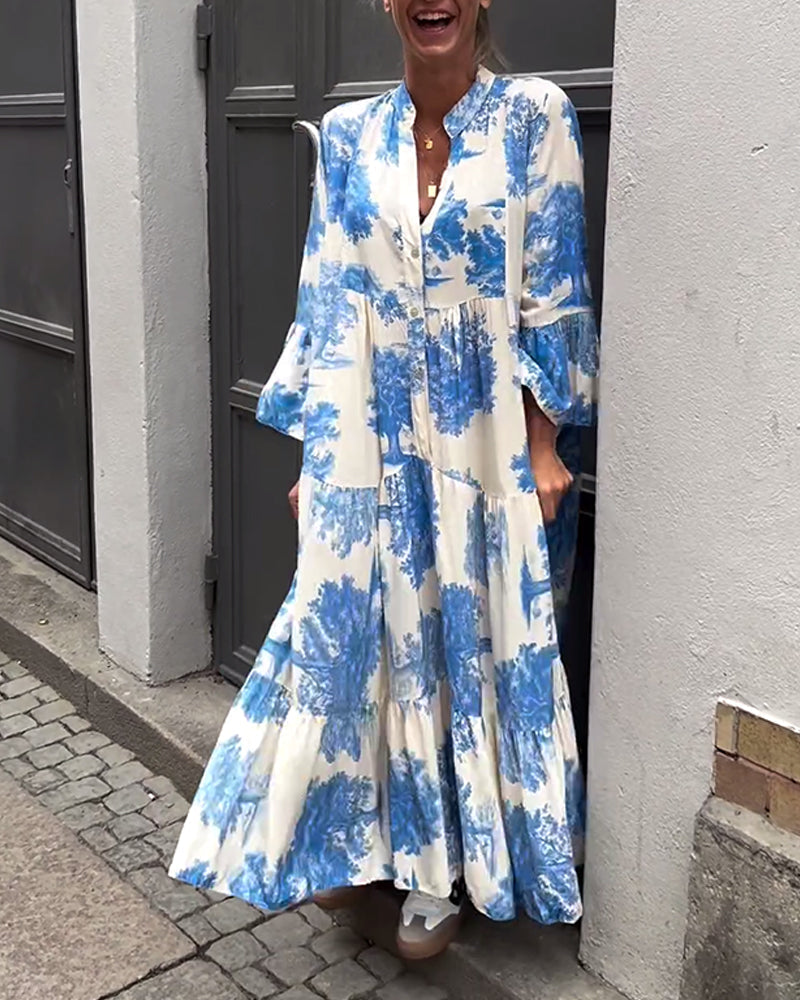 Giavanna | Vestido Maxi Casual con Mangas Acampanadas y Estampado