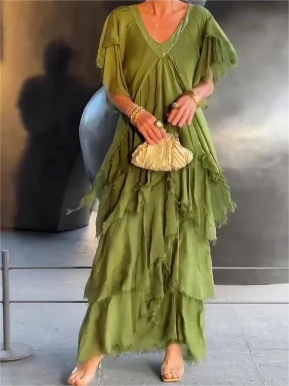 Blaise | Vestido Maxi con Mangas Cortas de Volantes y Escote en V